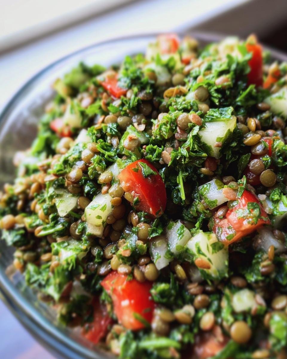 Close-up of Lentil Tabbouleh with Fresh Herbs in a glass bowl, showing lentils, tomatoes, and herbs.