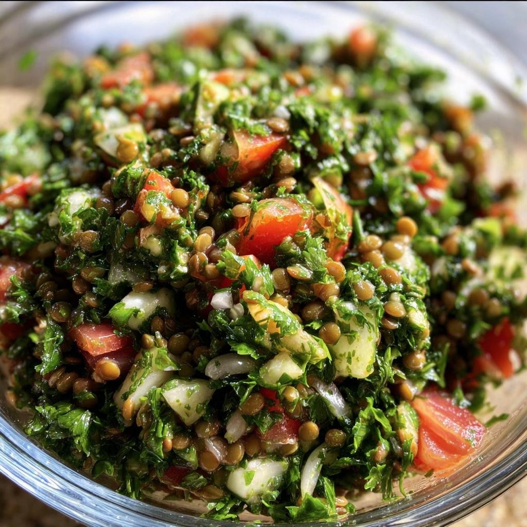 Close-up of Lentil Tabbouleh with Fresh Herbs in a glass bowl, showing lentils, tomatoes, parsley, and onions.