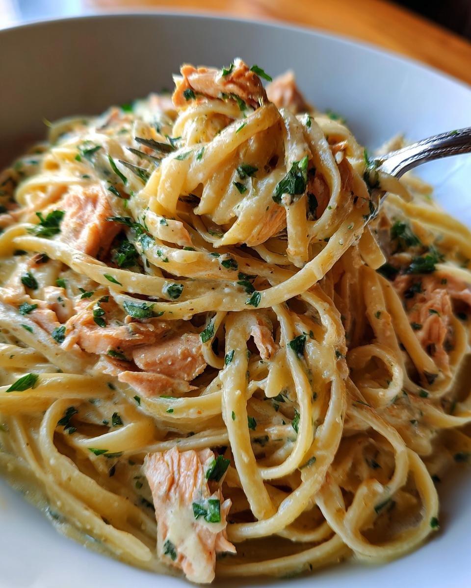 Close-up of Light & Creamy Salmon Pasta with a fork lifting a portion, showing the creamy sauce and fresh herbs.