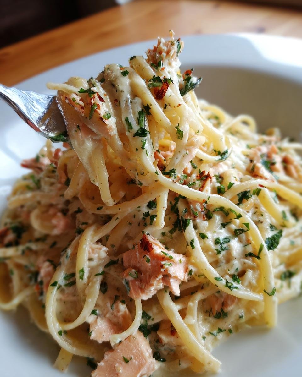 Close-up of Light & Creamy Salmon Pasta on a fork, showcasing the creamy sauce, salmon pieces, and fresh herbs.