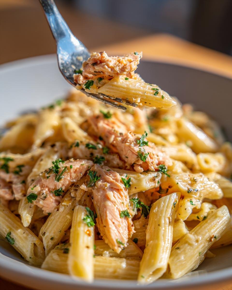Close-up of Light & Creamy Salmon Pasta on a fork, showcasing the creamy sauce and salmon flakes.