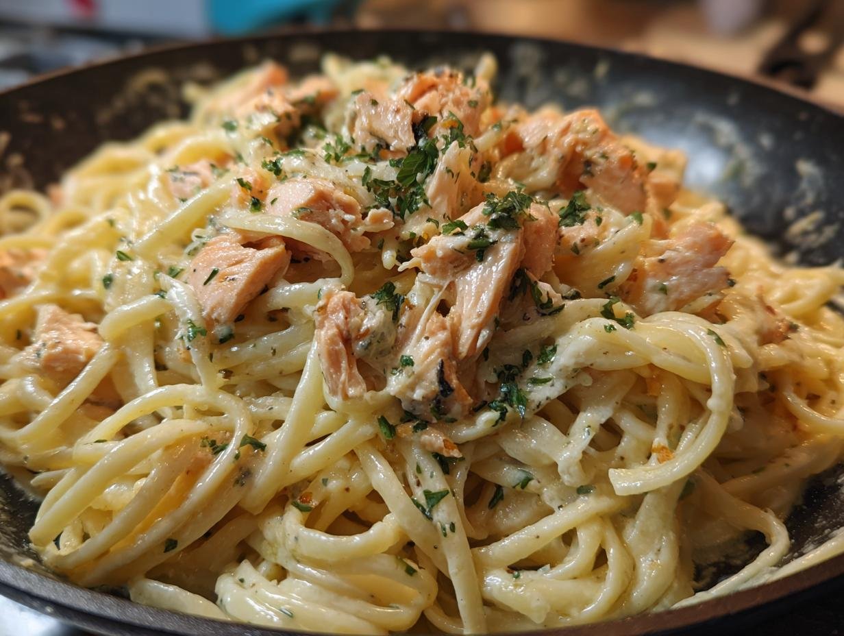 Close-up of Light & Creamy Salmon Pasta in a skillet, garnished with fresh parsley.
