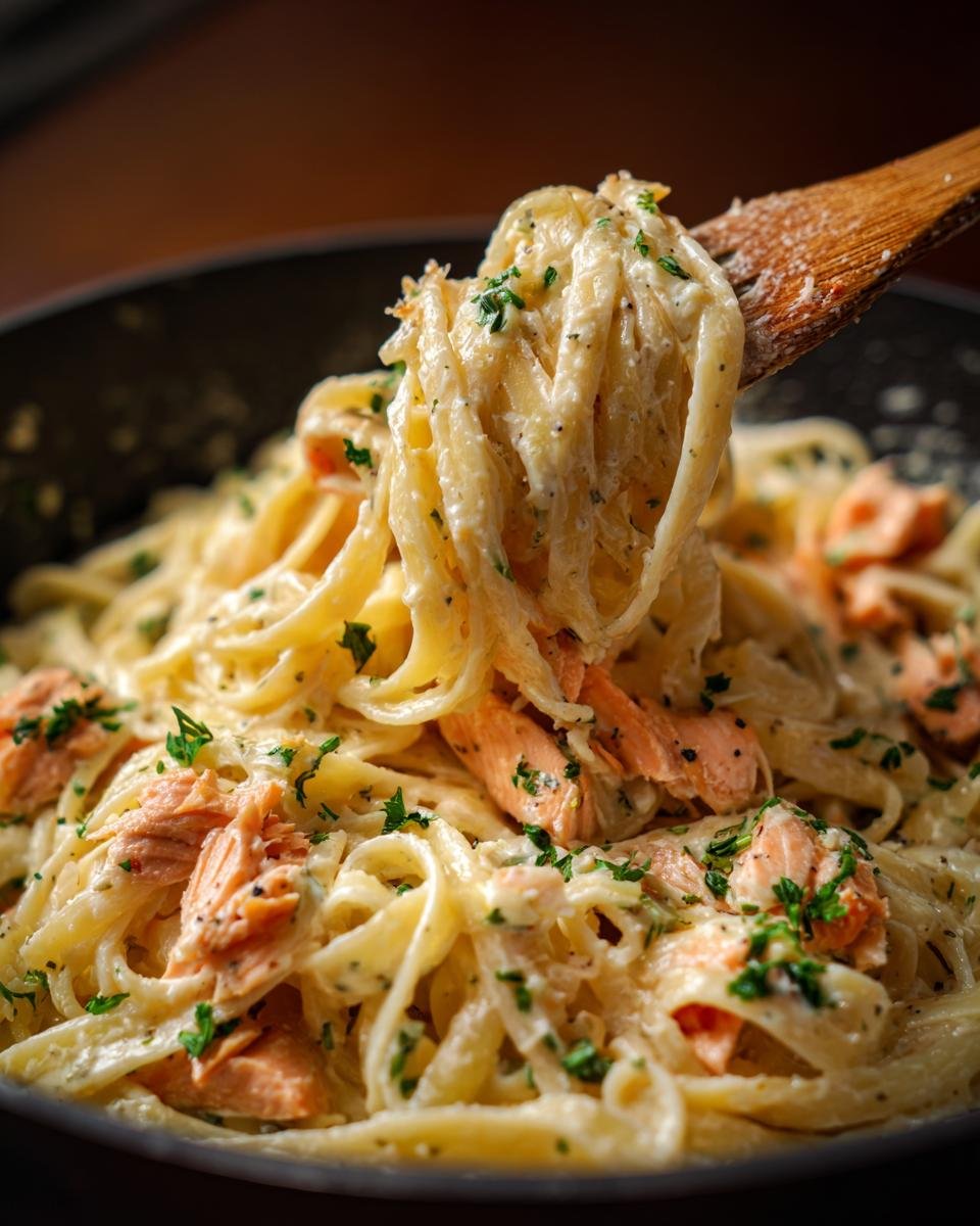 Close-up of Light & Creamy Salmon Pasta being served with a wooden spoon, garnished with fresh parsley.