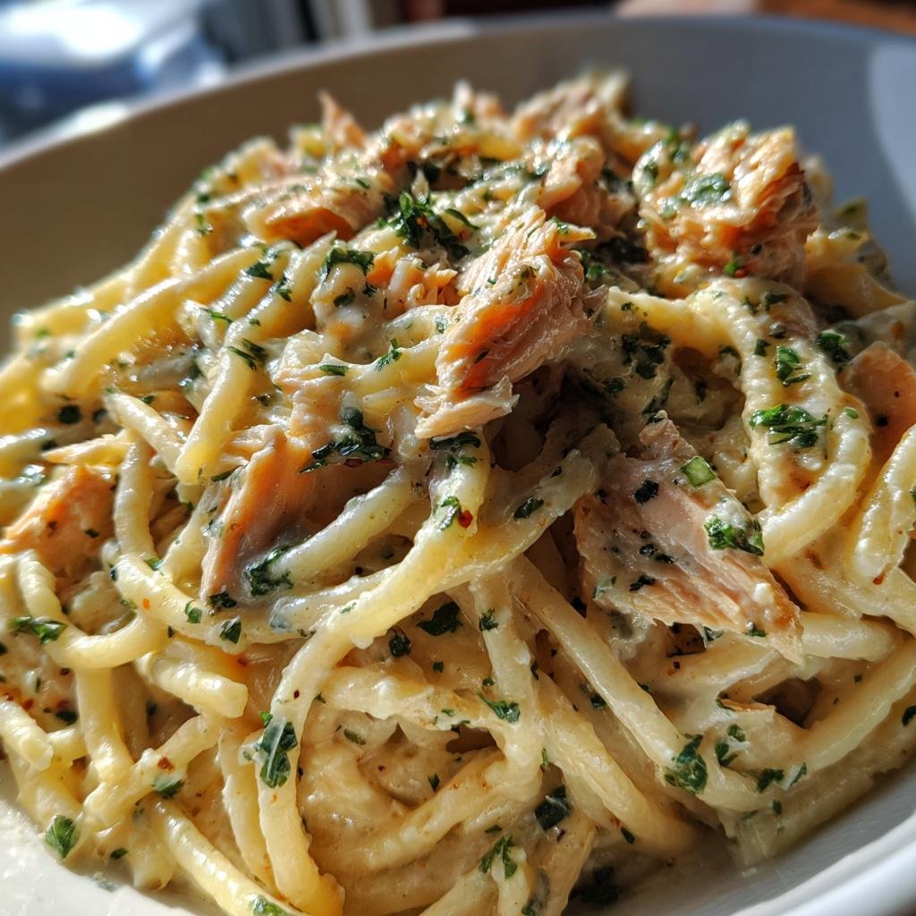 A close-up of Light & Creamy Salmon Pasta, featuring pasta, salmon pieces, creamy sauce, and fresh herbs.