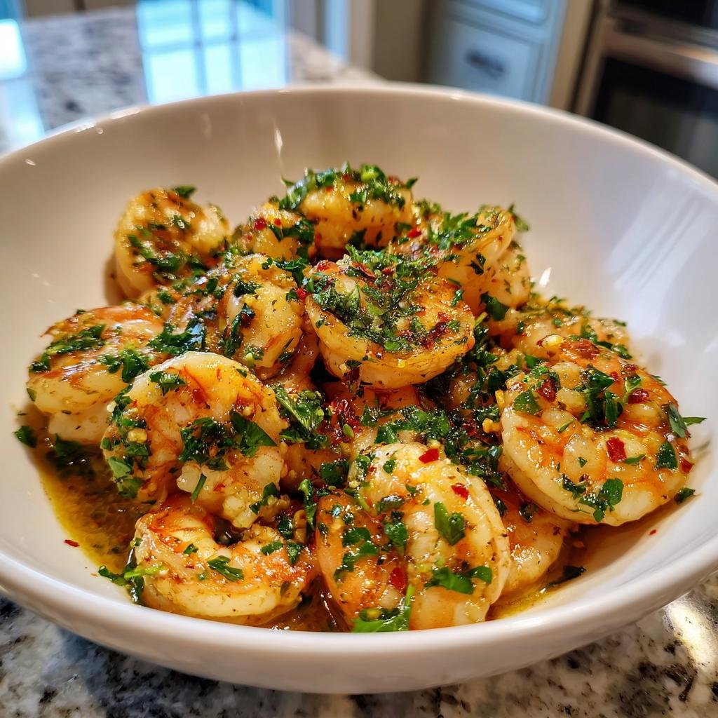 A bowl of Lighter Shrimp Scampi, garnished with fresh herbs and a flavorful sauce.