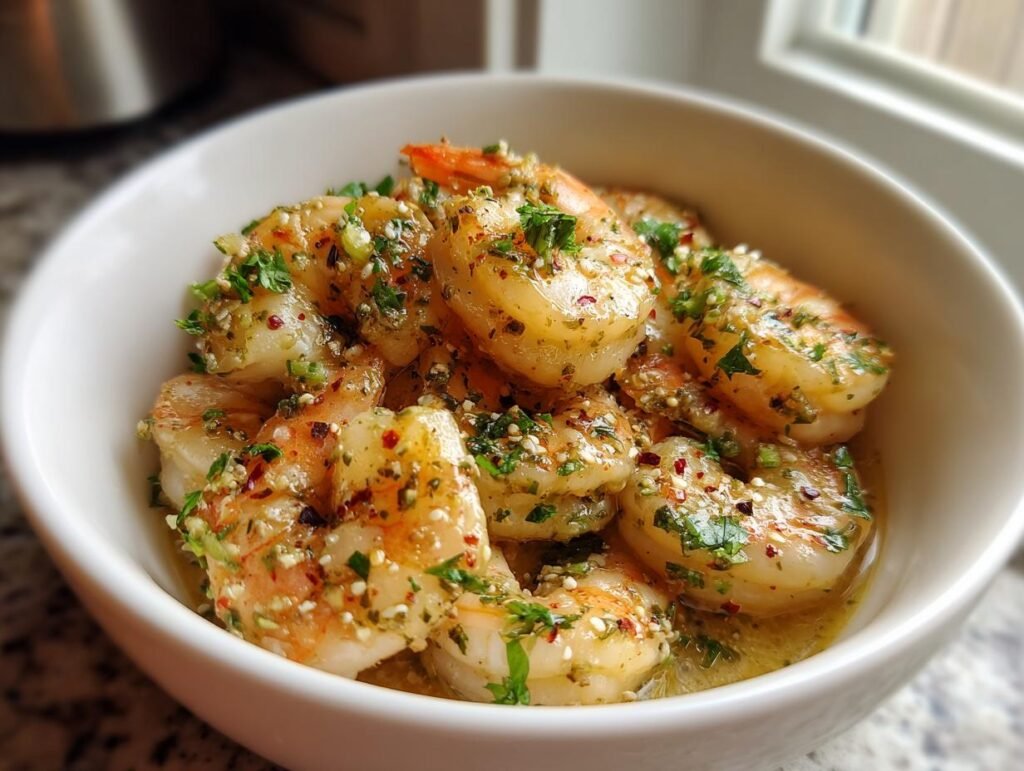 A bowl of lighter Shrimp Scampi, featuring plump shrimp coated in a flavorful sauce and garnished with fresh herbs.