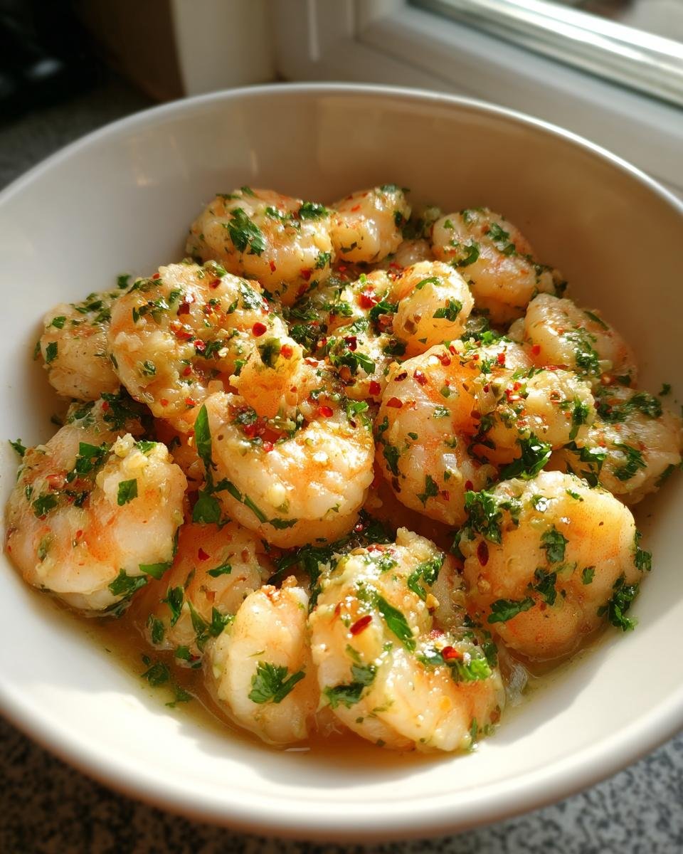 A bowl of Lighter Shrimp Scampi, garnished with fresh herbs and red pepper flakes.