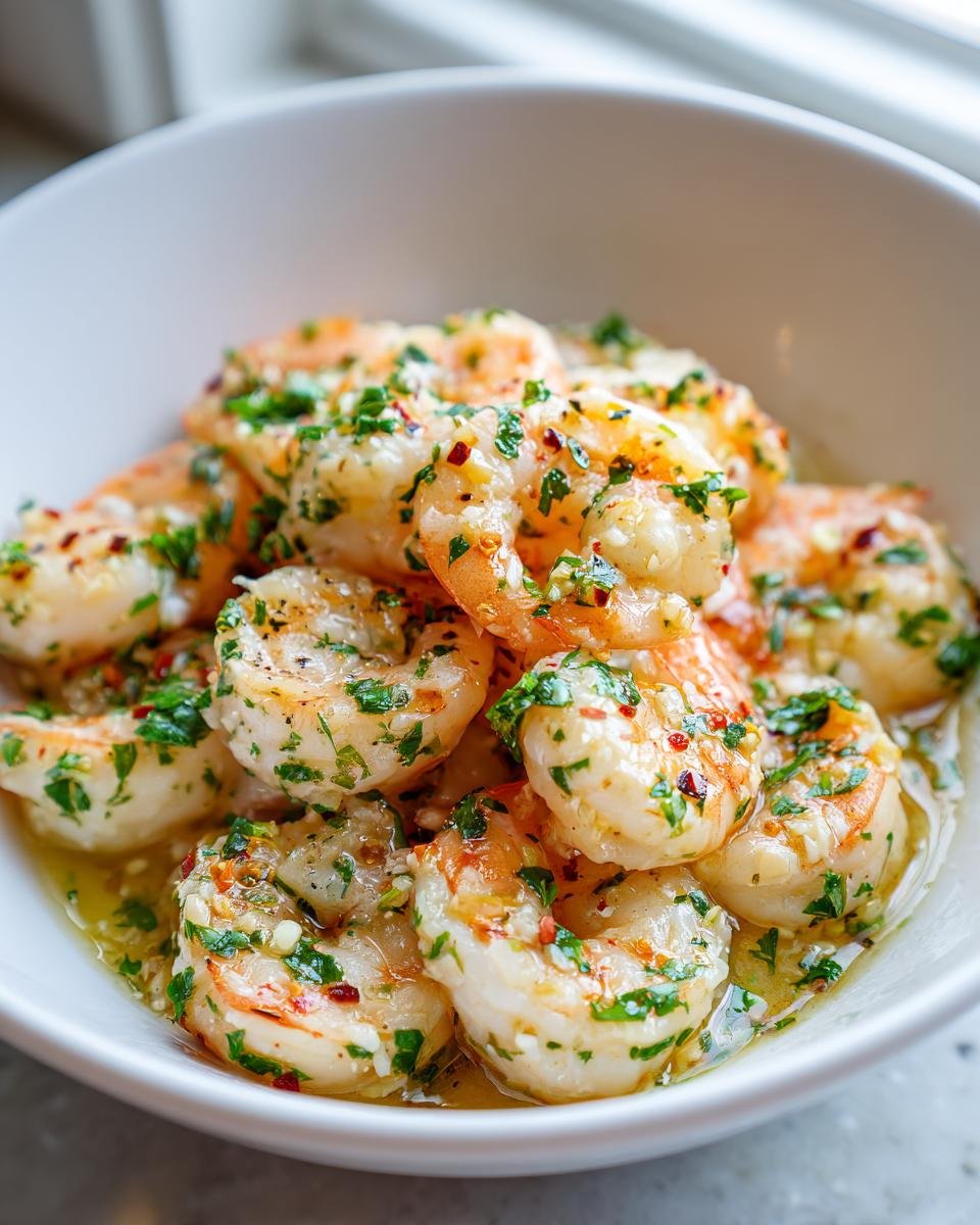 Bowl of Lighter Shrimp Scampi, seasoned with herbs and spices, in a light sauce.