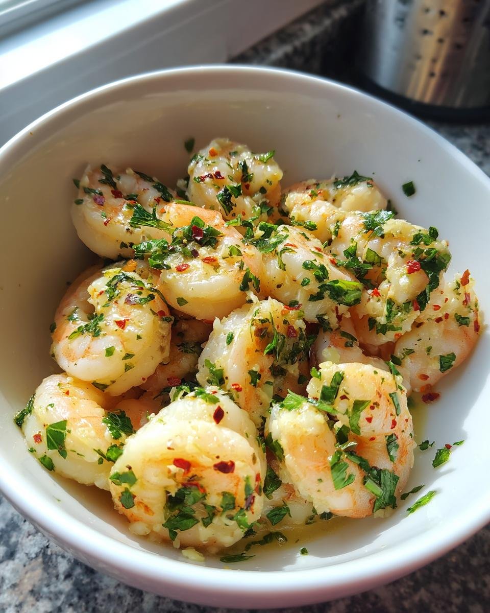 A bowl of Lighter Shrimp Scampi, featuring shrimp with garlic, herbs, and a light sauce.