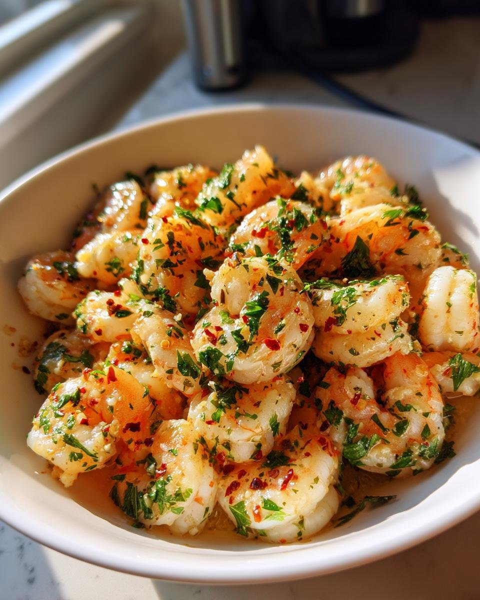 Bowl of Lighter Shrimp Scampi, garnished with fresh parsley and red pepper flakes.