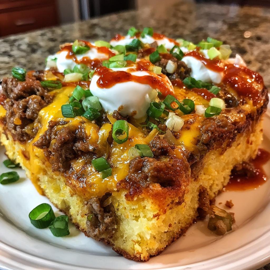 A delicious slice of Loaded Cornbread Casserole topped with meat, cheese, sour cream, hot sauce and green onions.