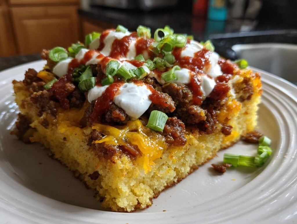 A slice of loaded cornbread casserole topped with meat, cheese, sour cream, hot sauce, and green onions.