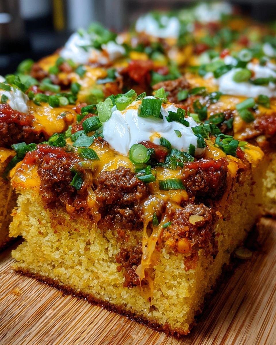 A slice of Loaded Cornbread Casserole topped with meat, cheese, sour cream, and green onions.