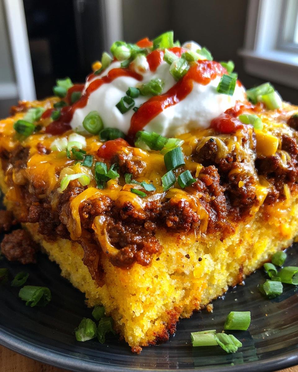 A delicious slice of Loaded Cornbread Casserole topped with sour cream, hot sauce, and green onions.