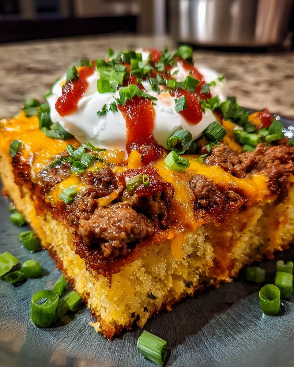 A slice of loaded cornbread casserole topped with sour cream, hot sauce, and green onions. Delicious and savory!