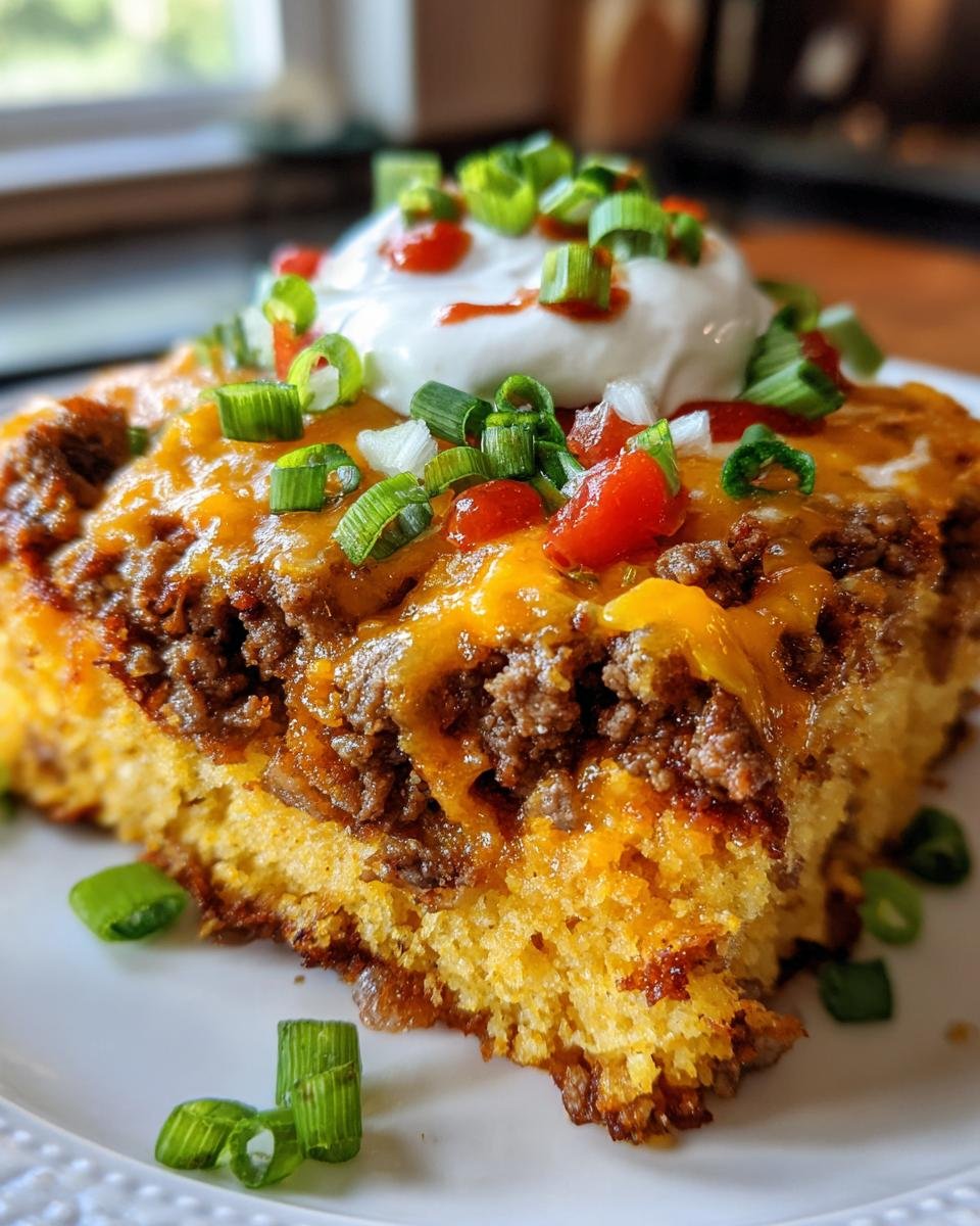 A slice of Loaded Cornbread Casserole topped with beef, cheese, sour cream, tomatoes, and green onions.