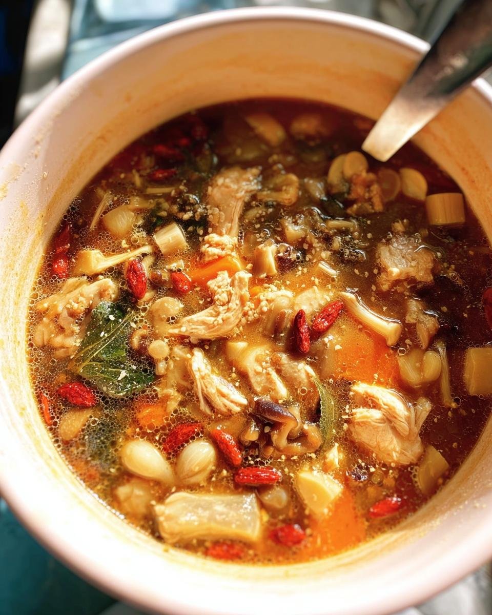 Close-up of a bowl of Longevity Soup with chicken, vegetables, and goji berries.