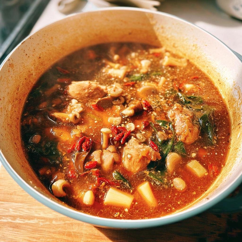 Close-up of a flavorful Longevity Soup with chicken, mushrooms, greens, and goji berries in a light blue pot.