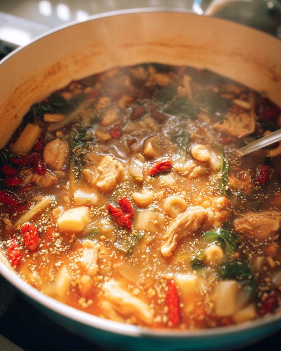 A steaming pot of Longevity Soup filled with vegetables, goji berries, and other nourishing ingredients.