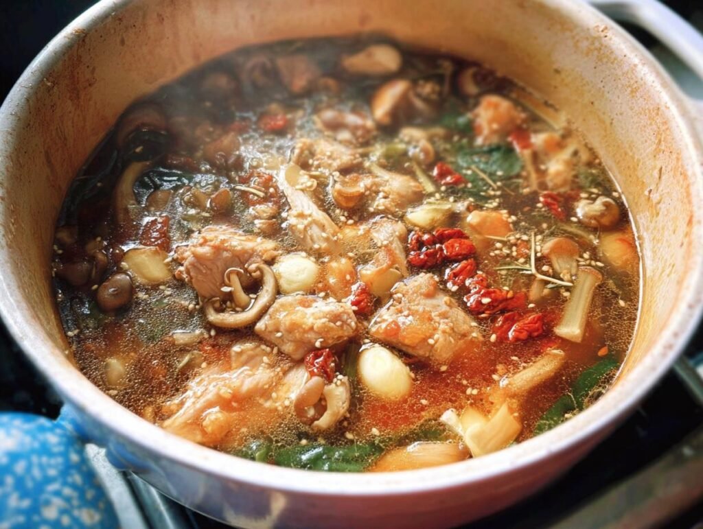 A steaming pot of Longevity Soup, filled with meat, mushrooms, goji berries, and greens.
