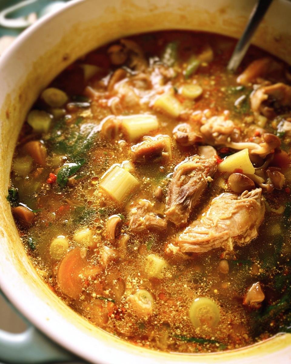 Close-up of a pot of Longevity Soup filled with chicken, vegetables, and broth.