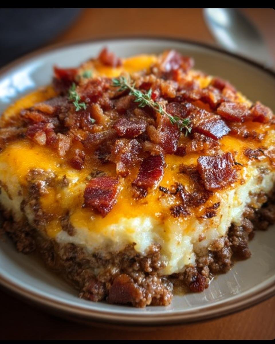 A slice of Low-Carb Bacon Cheeseburger Casserole topped with melted cheese and crispy bacon.