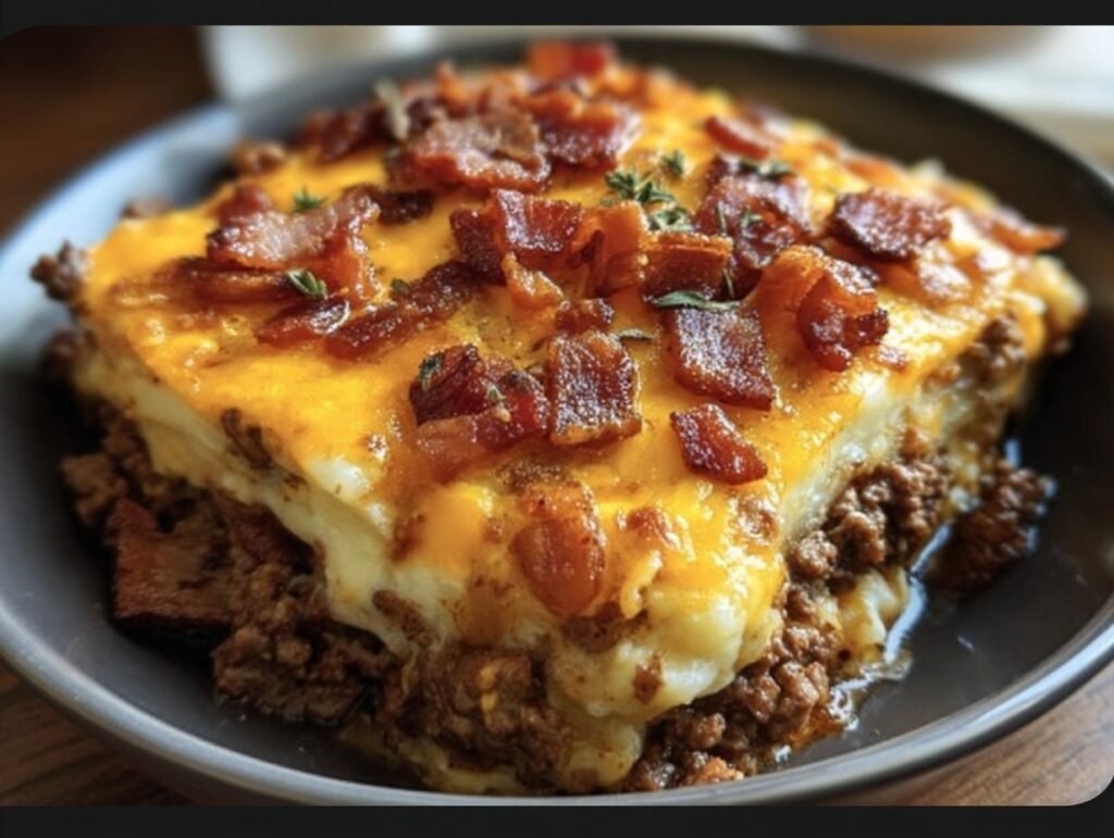 A slice of Low-Carb Bacon Cheeseburger Casserole with ground beef, cheese, and bacon toppings.