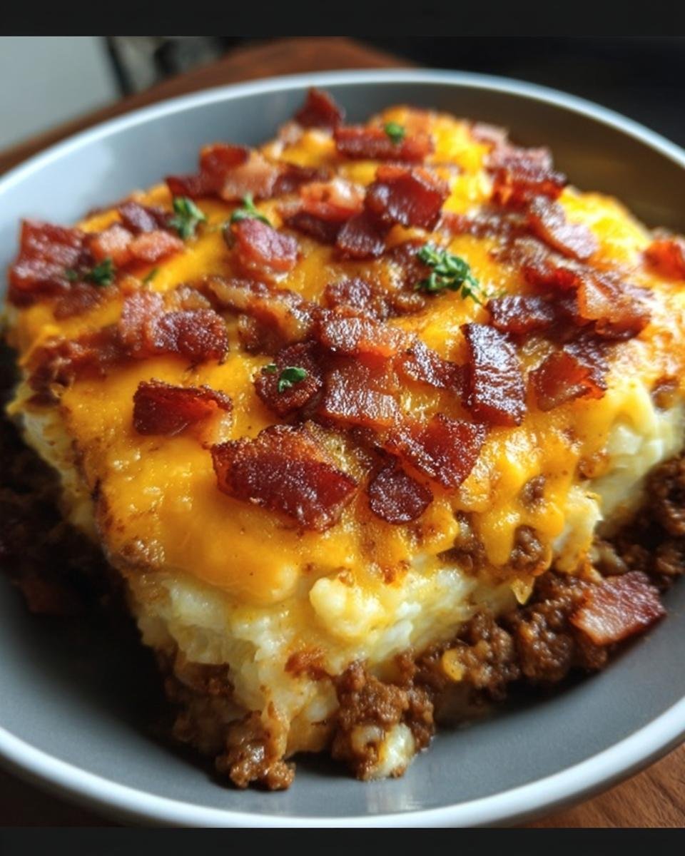 A slice of Low-Carb Bacon Cheeseburger Casserole with ground beef, cheese, and bacon toppings.