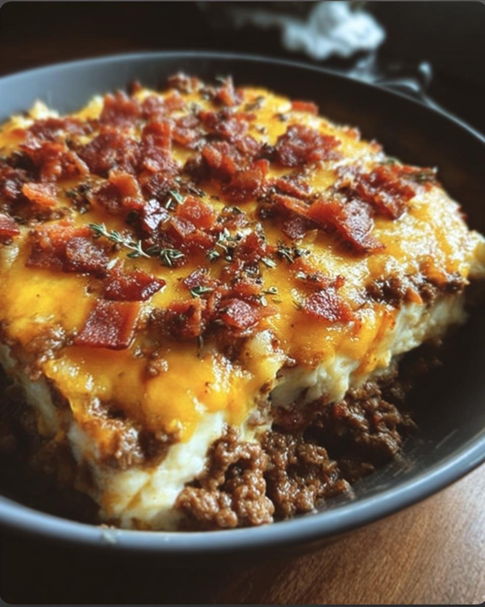 A slice of Low-Carb Bacon Cheeseburger Casserole with layers of ground beef, cheese, and bacon.
