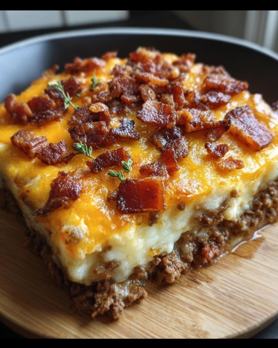 A slice of Low-Carb Bacon Cheeseburger Casserole with layers of beef, cheese, and bacon on a wooden board.