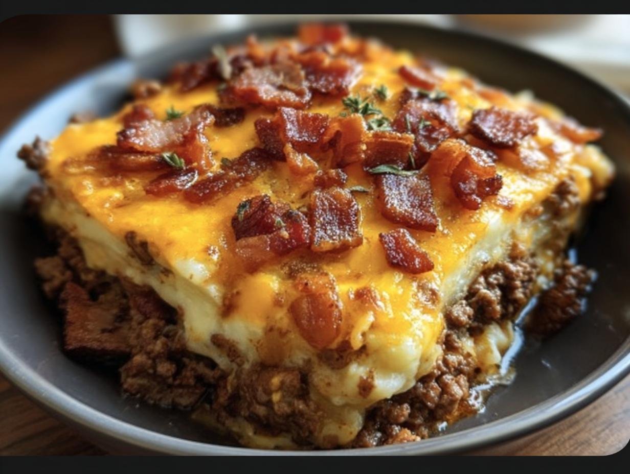 A slice of Low-Carb Bacon Cheeseburger Casserole with ground beef, cheese, and bacon toppings.