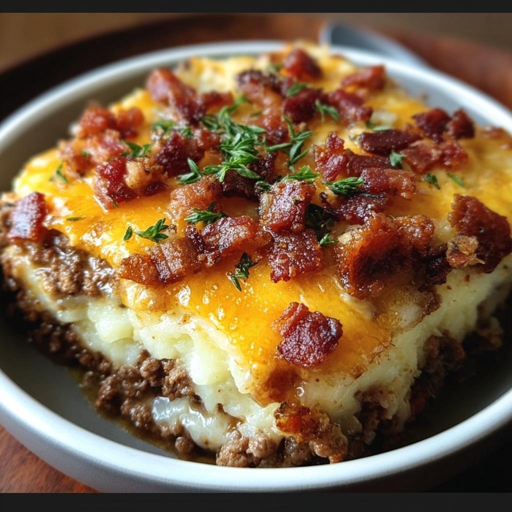 A delicious Low-Carb Bacon Cheeseburger Casserole with layers of ground beef, cheese, and bacon.