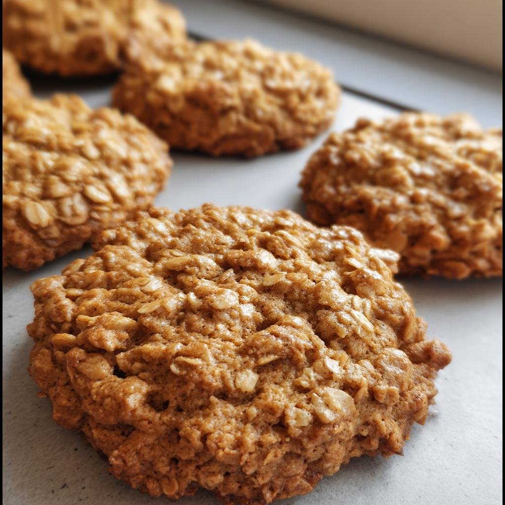 Freshly baked Low Sugar Applesauce Oatmeal Cookies cooling on a tray, showcasing their texture and golden-brown color.