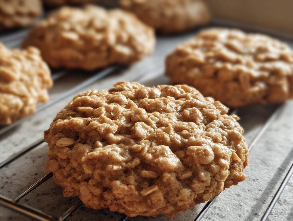 Close-up of freshly baked Low Sugar Applesauce Oatmeal Cookies cooling on a wire rack.