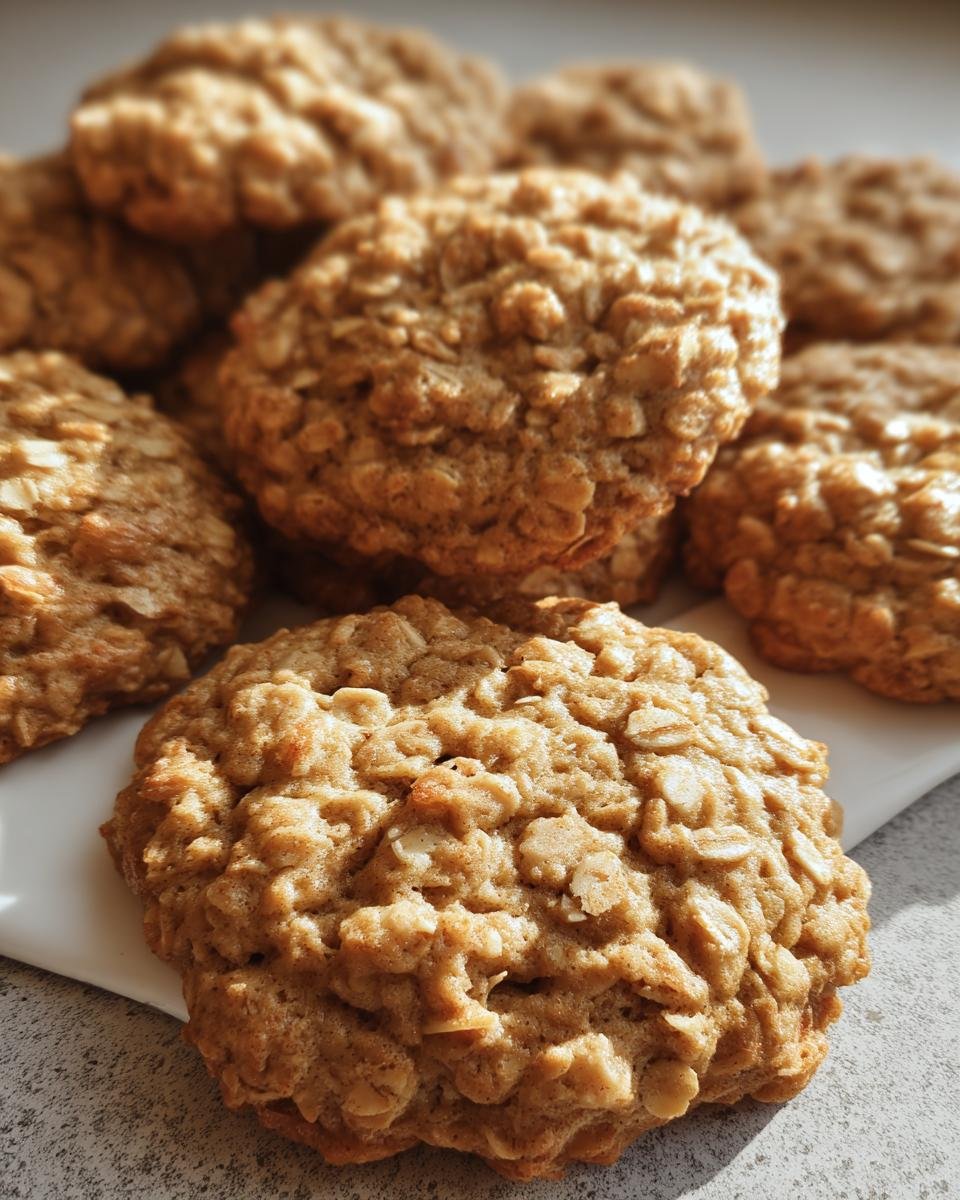 A close-up of freshly baked Low Sugar Applesauce Oatmeal Cookies, showcasing their texture and golden-brown color.