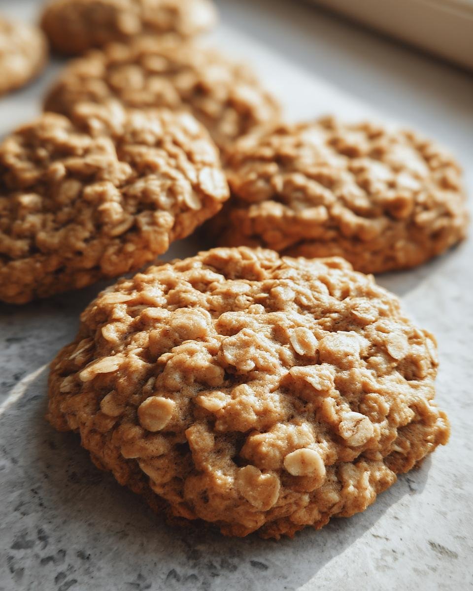 A close-up of several Low Sugar Applesauce Oatmeal Cookies, showcasing their texture and golden-brown color.