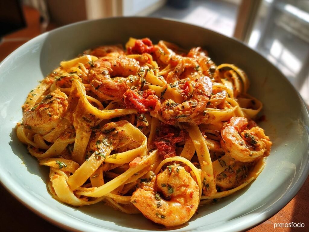 A bowl of creamy "Marry Me" Shrimp Pasta with fettuccine, shrimp, and sun-dried tomatoes.