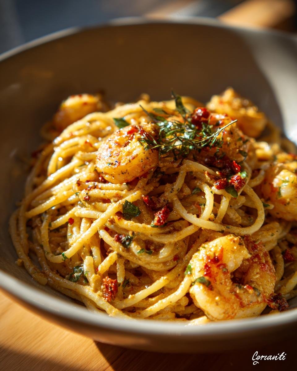 Bowl of “Marry Me” Shrimp Pasta with sun-dried tomatoes and herbs, ready to serve.
