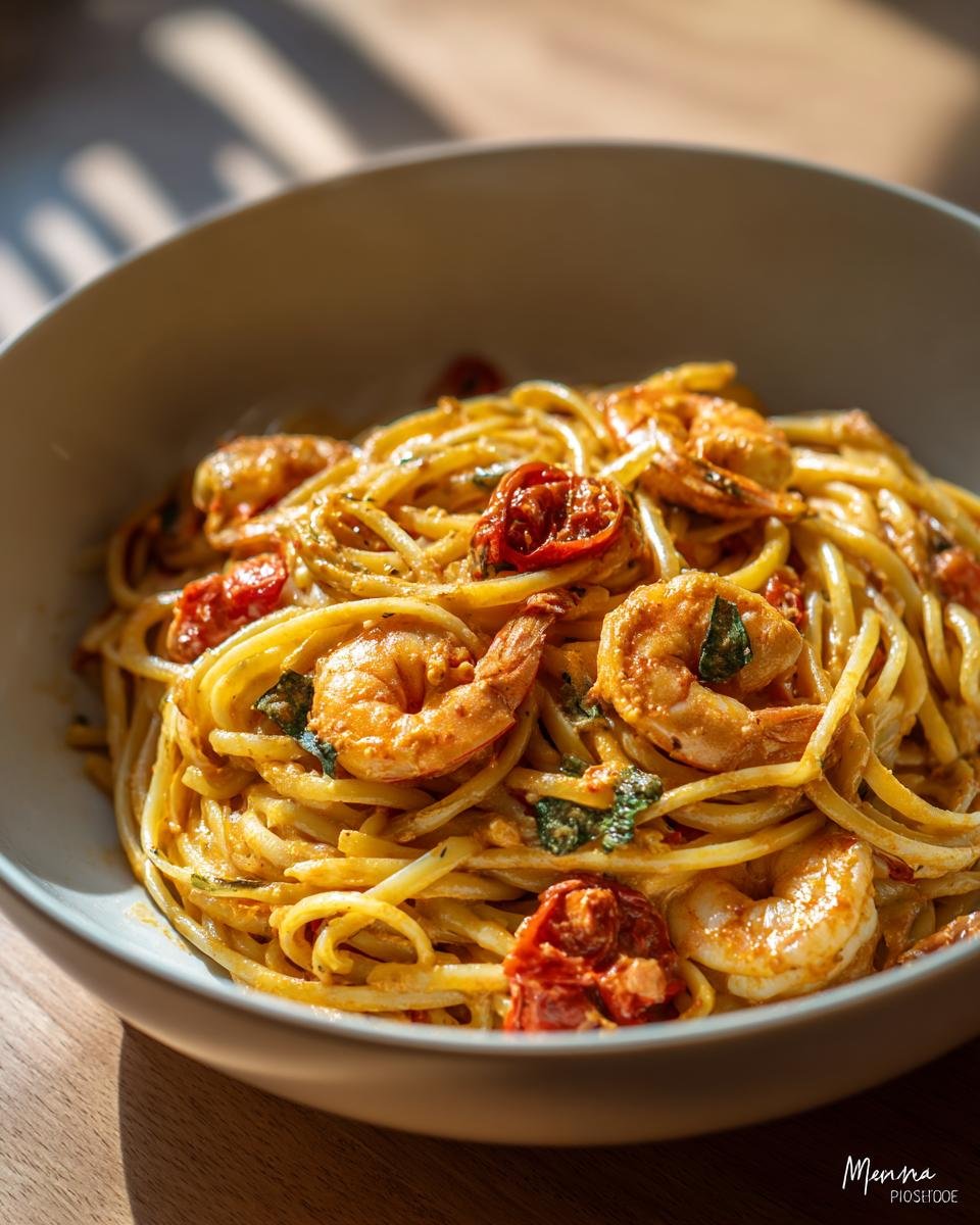 Close-up of a bowl of creamy “Marry Me” Shrimp Pasta with shrimp, tomatoes, and basil.