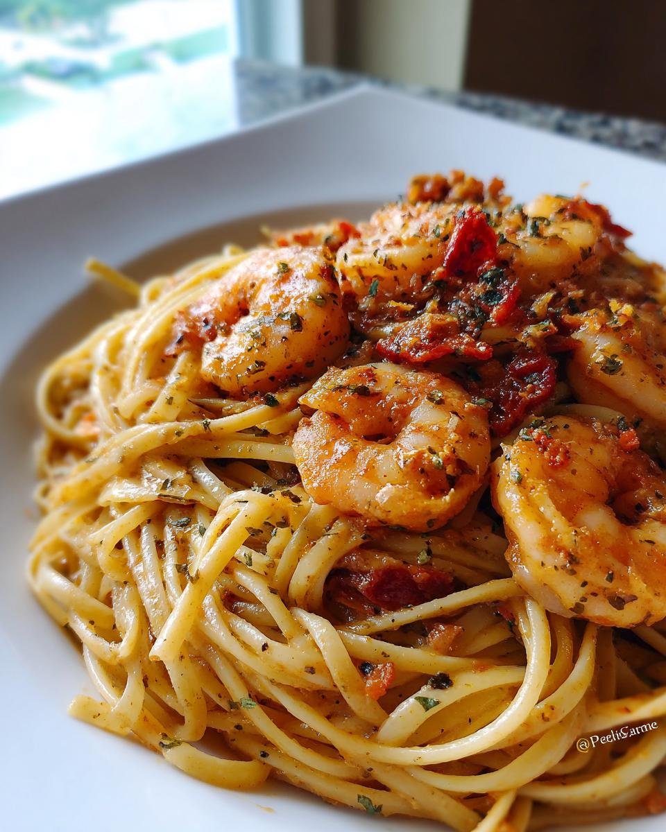Close-up of “Marry Me” Shrimp Pasta with linguine, shrimp, sun-dried tomatoes, and herbs on a white plate.