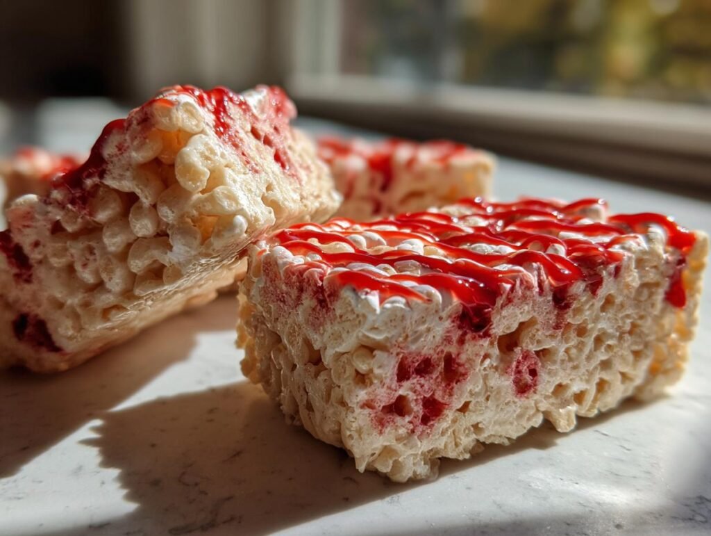 Close-up of Marshmallow Rice Krispies Brains treats with red drizzle.