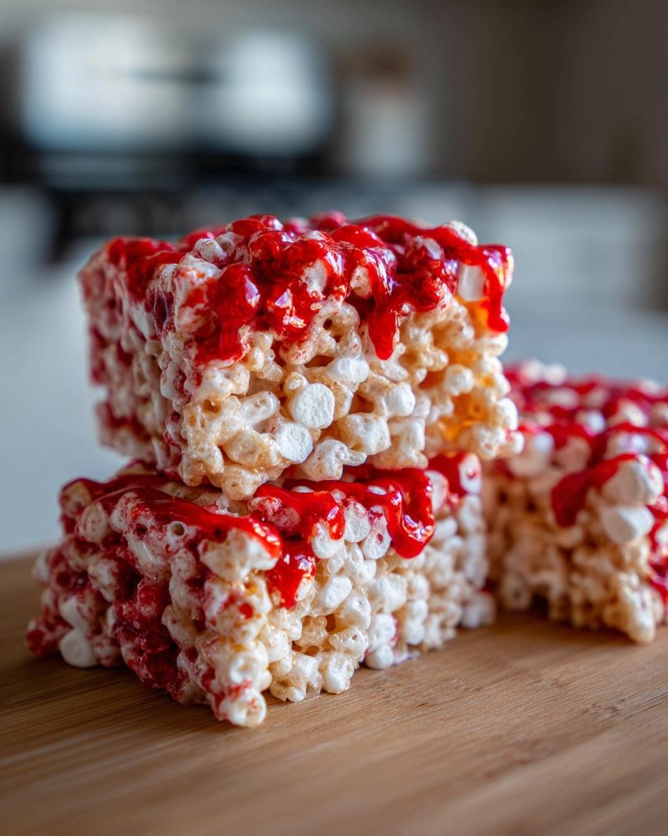 Stack of Marshmallow Rice Krispies Brains treats with red drizzle on a wooden board.
