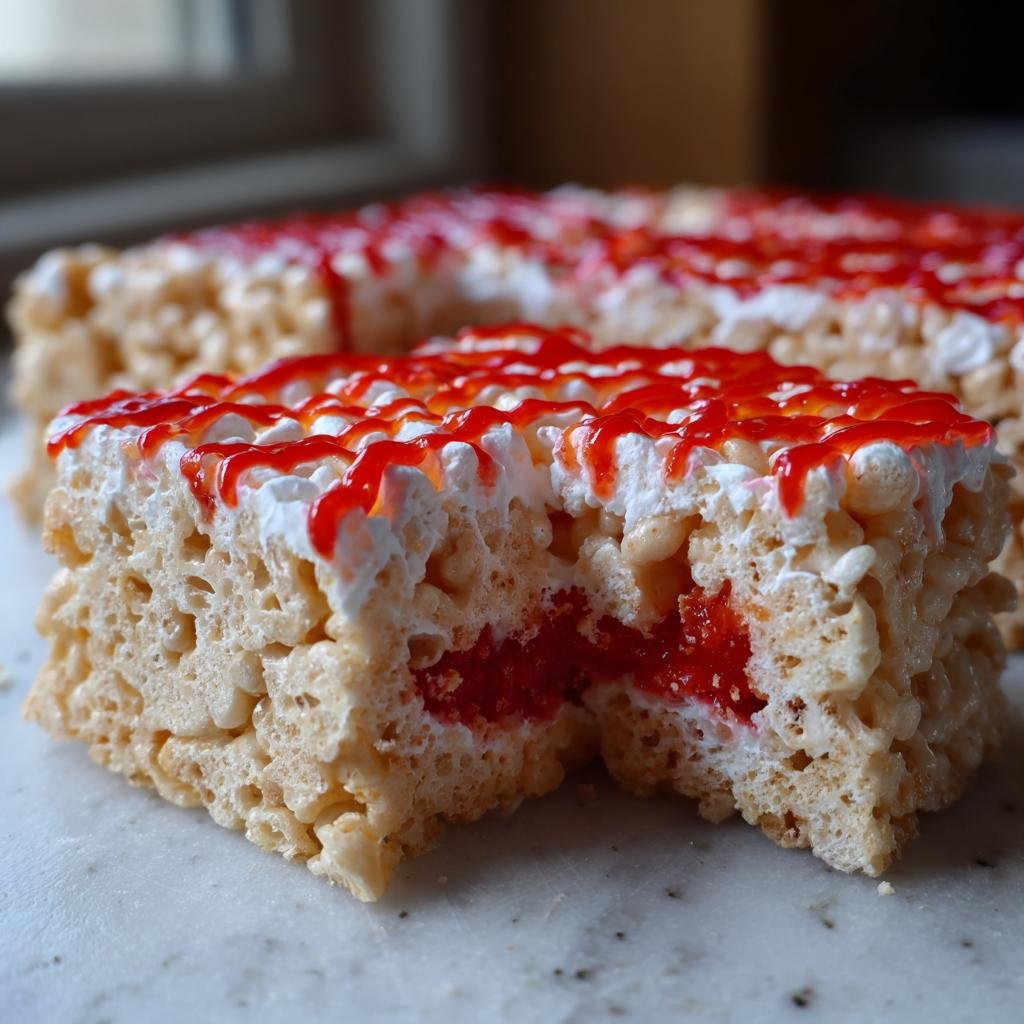 Close-up of a Marshmallow Rice Krispies Brains treat slice with a red filling and topping.