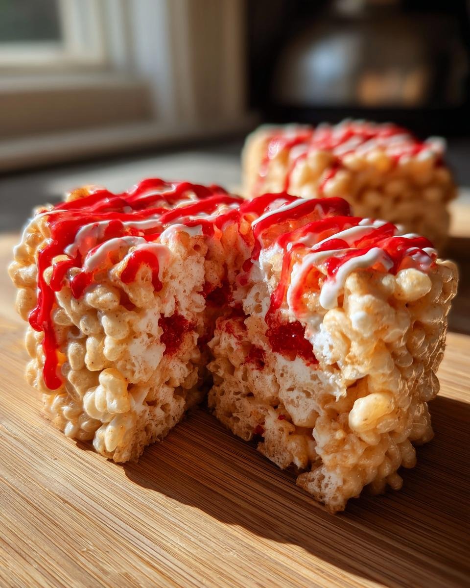 Marshmallow Rice Krispies Brains treat with red and white icing on a wooden board.