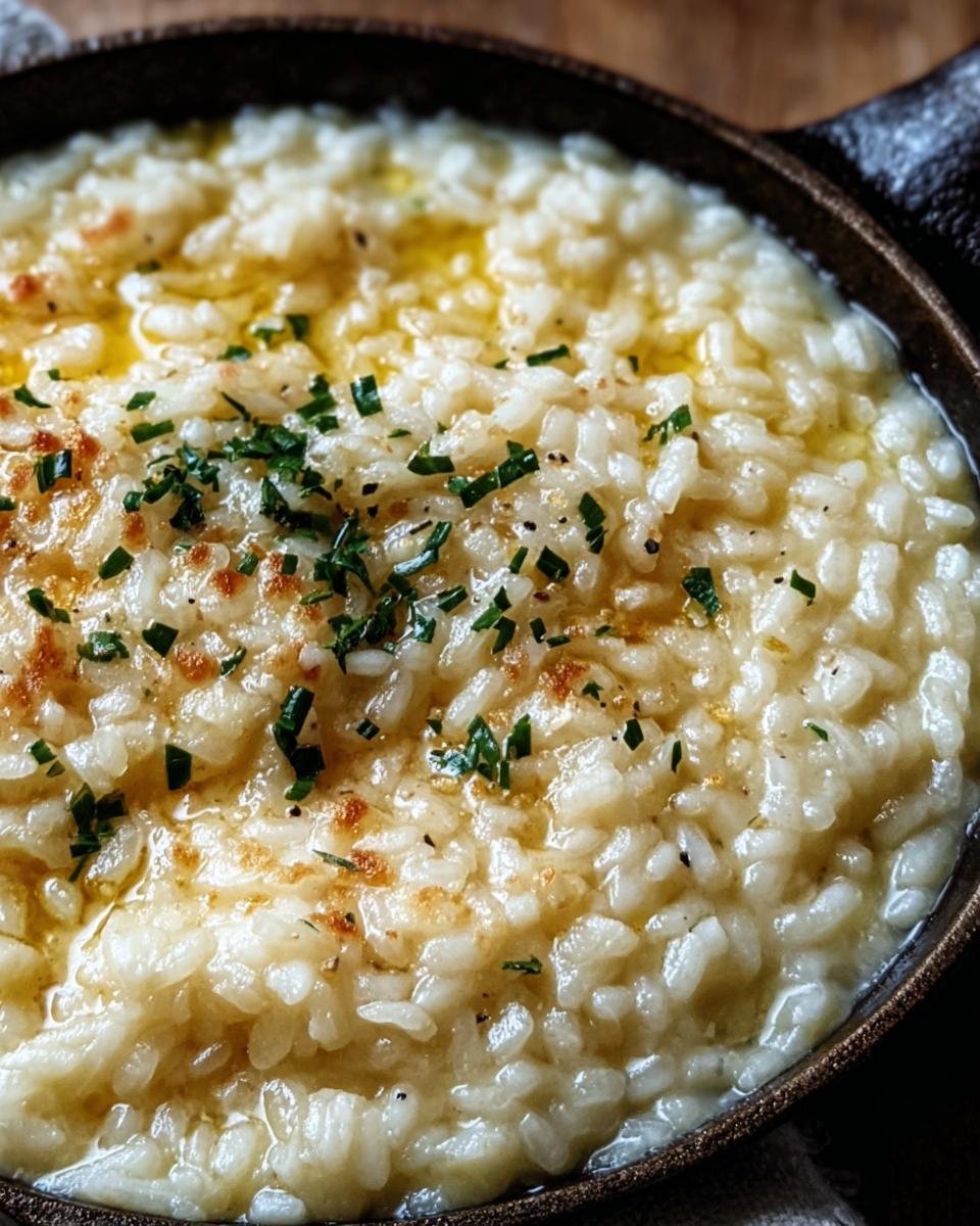 Close-up of Martha Stewart Baked Risotto in a cast iron pan, garnished with fresh herbs.