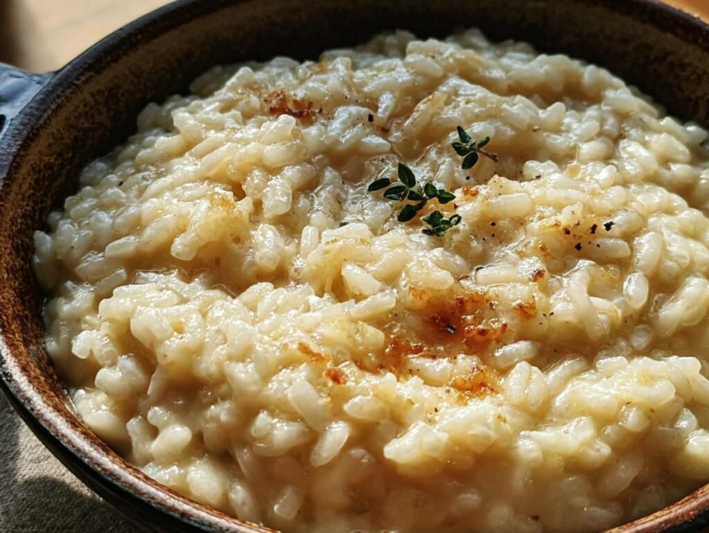 Close-up of Martha Stewart Baked Risotto in a rustic bowl, garnished with fresh herbs.