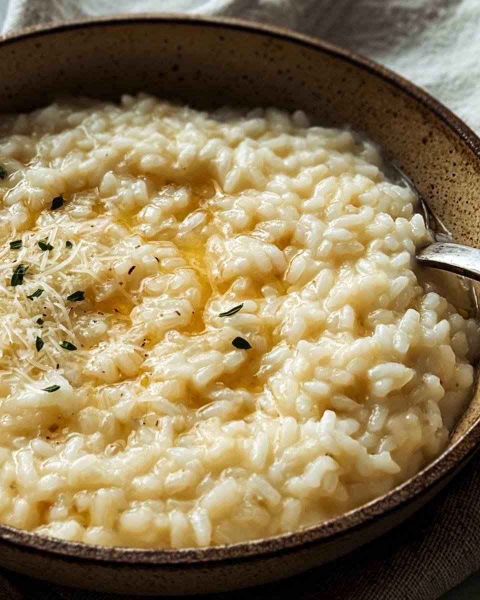 Close-up of creamy Martha Stewart Baked Risotto in a rustic bowl, garnished with cheese and herbs.