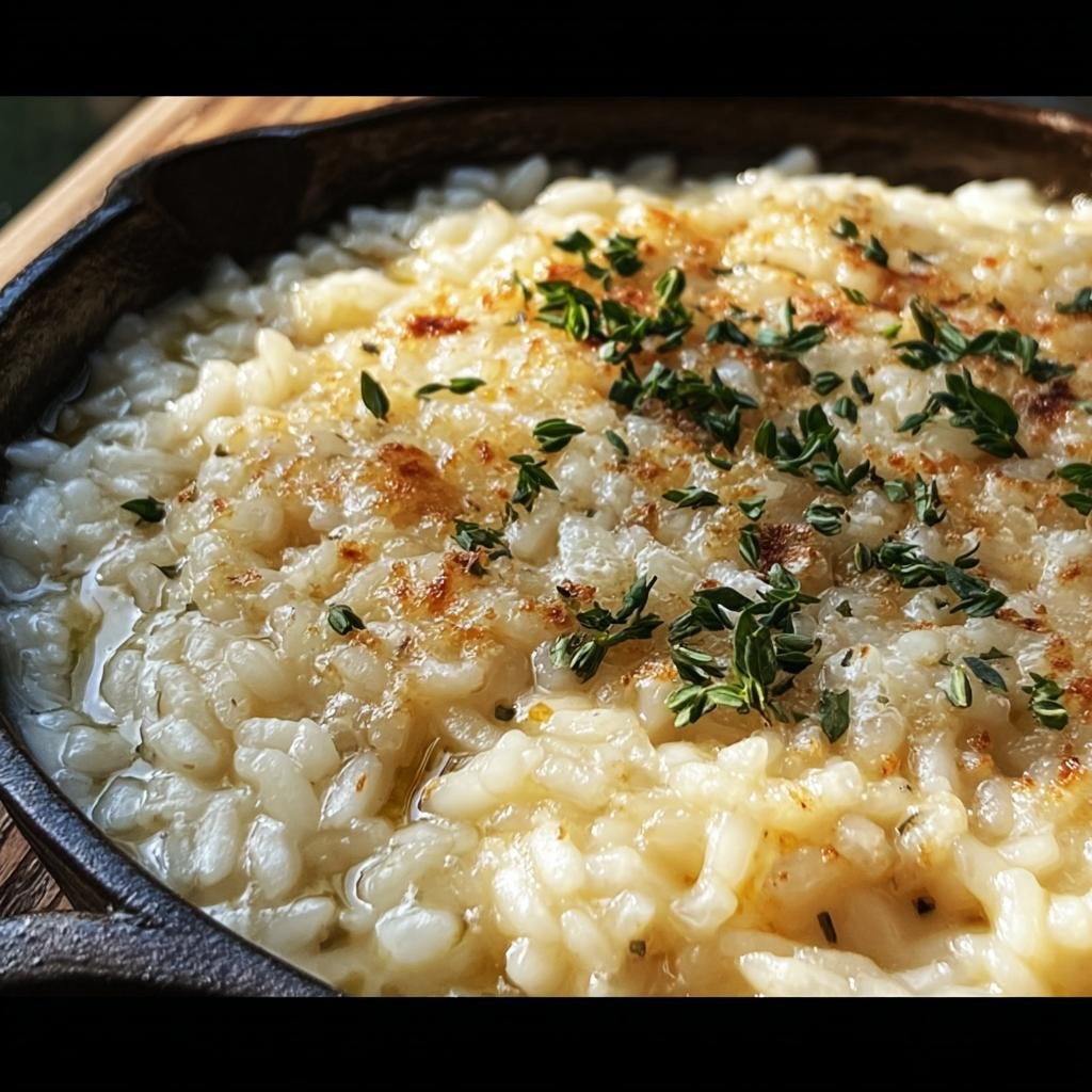 Close-up of Martha Stewart Baked Risotto, topped with fresh herbs and golden-brown cheese.