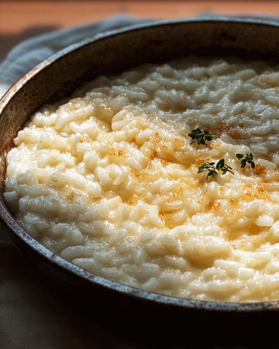 Close-up of Martha Stewart Baked Risotto in a rustic pan, garnished with fresh thyme.
