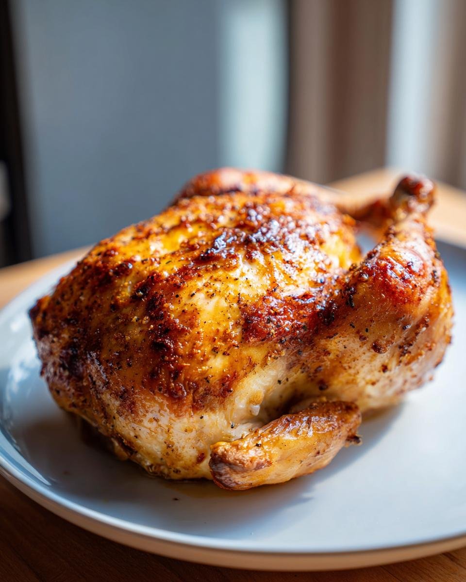 Whole roasted Melt In Your Mouth Chicken on a plate, showcasing its golden-brown, crispy skin.